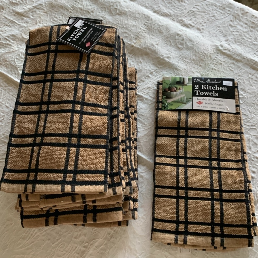 NWT All 12 - Large Cotton 16in x 26in Plaid Tan and Black KITCHEN Towels Set - Picture 7 of 9